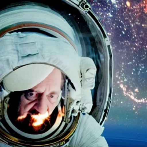 Prompt: film still of astronaut slavoj zizek falling away from the space station in gravity