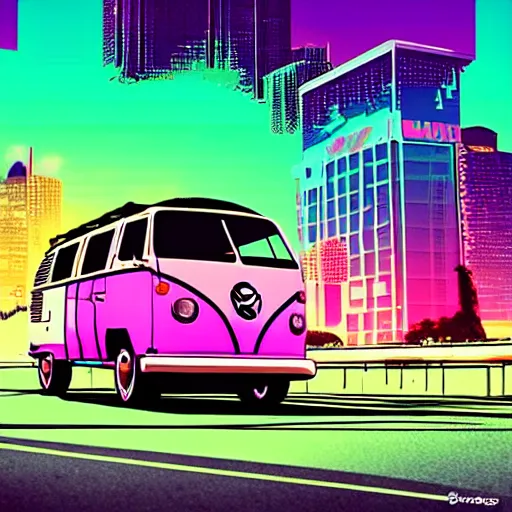 Prompt: A VW Microbus driving on a synthwave grid towards a hotline miami city