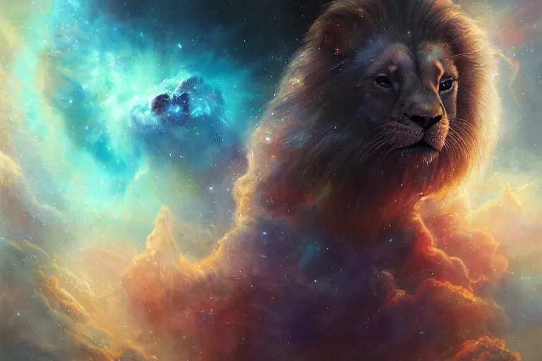 Prompt: beautiful nebula space lion, oil on canvas, intricate, portrait, 8k highly professionally detailed, HDR, CGsociety, illustration painting by Mandy Jurgens and Małgorzata Kmiec and Dang My Linh and Lulu Chen and Alexis Franklin and Filip Hodas and Pascal Blanché and Bastien Lecouffe Deharme, detailed intricate ink illustration, heavenly atmosphere, detailed illustration, hd, 4k, digital art, overdetailed art, concept art, complementing colors, trending on artstation, Cgstudio, the most beautiful image ever created, dramatic, subtle details, illustration painting by alphonse mucha and frank frazetta daarken, vibrant colors, 8K, style by Wes Anderson, award winning artwork, high quality printing, fine art, gold elements, intricate, epic lighting, very very very very beautiful scenery, 8k resolution, digital painting, sharp focus, professional art, atmospheric environment, art by artgerm and greg rutkowski, by simon stålenhag, rendered by Beeple, by Makoto Shinkai, syd meade, 8k ultra hd, artstationHD, 3d render, hyper detailed, elegant, by craig mullins and marc simonetti, Ross Tran and WLOP, by Andrew Wyeth and Gerald Brom, John singer Sargent and James gurney