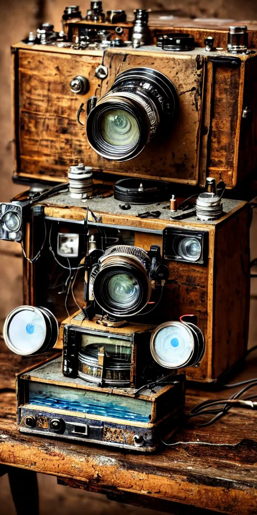 Image similar to A photo of a very old opened device with vacuum tubes, film, capacitors and coils inside, and a camera lens on the outside on an old wooden table by Annie Lebovitz, Laura Letinsky and Steve McCurry, grungy, weathered Ultra detailed, hyper realistic, 4k