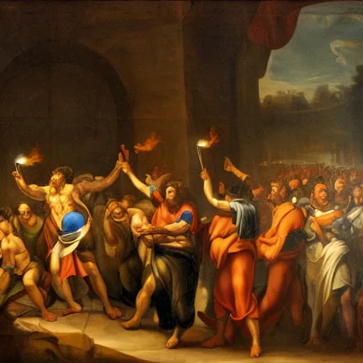 Image similar to a painting of Yair Lapid holding a torch and leading a crowd of people in the style of Michaelangelo