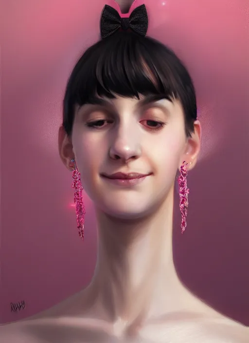 Image similar to portrait of teenage girl, realistic, black hair, bangs, half updo hairstyle, pointy nose, skinny, smile, ugly, defined jawline, big chin, pink hair bow, earrings, intricate, elegant, glowing lights, highly detailed, digital painting, artstation, sharp focus, illustration, art by wlop, mars ravelo and greg rutkowski