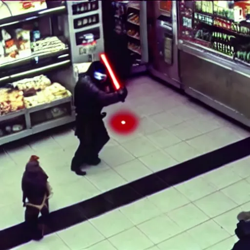 Image similar to cctv footage of a lightsaber fight inside a deli, security cam footage