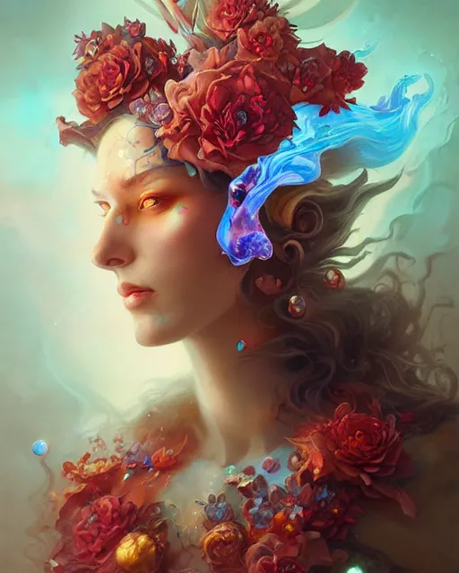 Prompt: liquid magma priestess adorned with flowers and gemstones, artgerm, peter mohrbacher, jesper ejsing, photorealism, highly detailed portrait, volumetric lighting