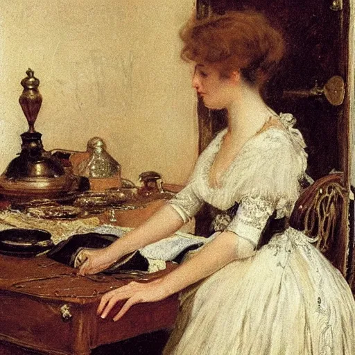 Image similar to seamstress working on a ballroom dress by alfred stevens