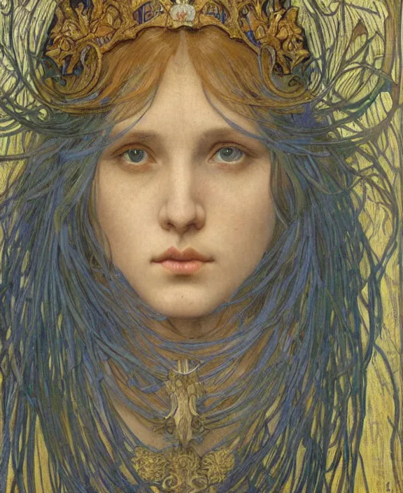 Image similar to detailed realistic beautiful young medieval queen face portrait by jean delville, alphonse mucha, vincent van gogh, and marco mazzoni, art nouveau, symbolist, visionary, gothic, pre - raphaelite