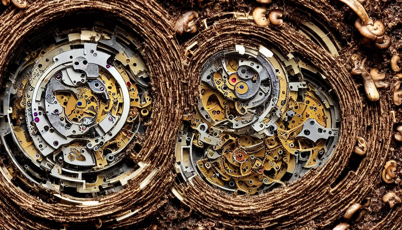 Image similar to detailed view from inside a clockwork watch, entangled roots covered in mushrooms, cracked earth, living microorganisms, decaying, hyper realistic photo, full colour, upscale, 8 k