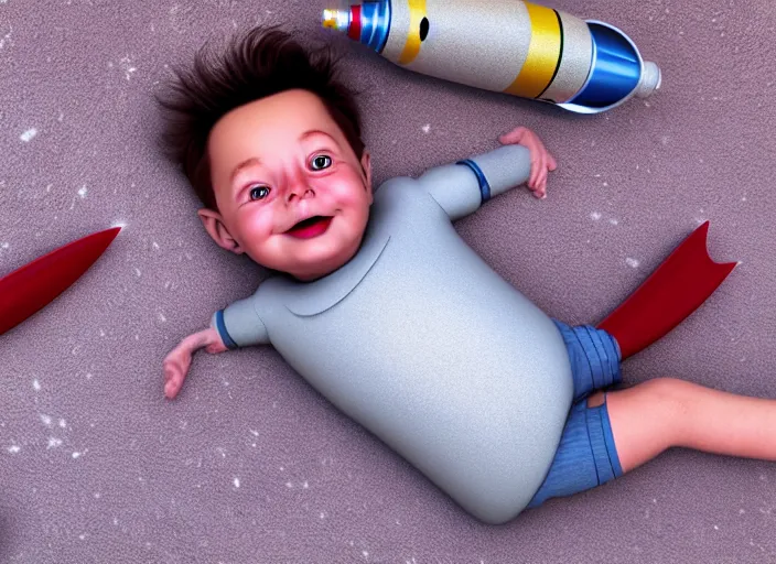 Image similar to toddler elon musk lying on a shaggy rug playing with his space rockets, rendered with renderman, realistic materials, pbr, beautiful soft lighting, cgsociety