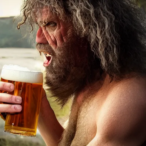 Prompt: photo of ancient caveman surprised to discover beer for the first time, high detail, ultra realistic, 4k UHD, pristine