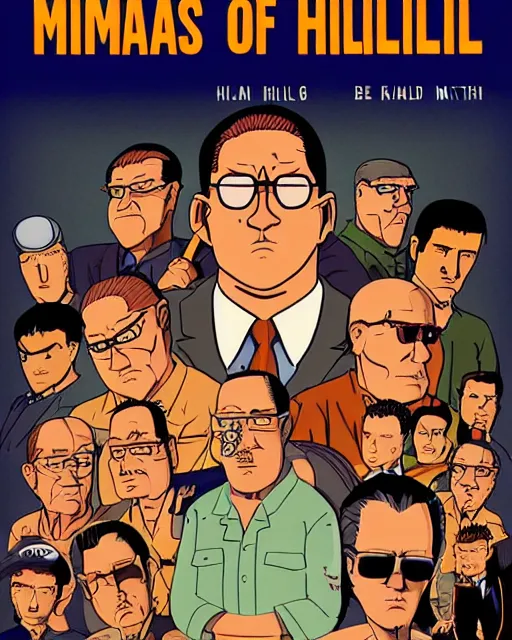 Prompt: a promotional poster for a mafia king of the hill movie, poster design, king of the hill, dramatic, dramatic lighting, pulp style poster, hank hill, dale gribble, boomhauer, bill dauterive, john redcorn, in the style of mike judge