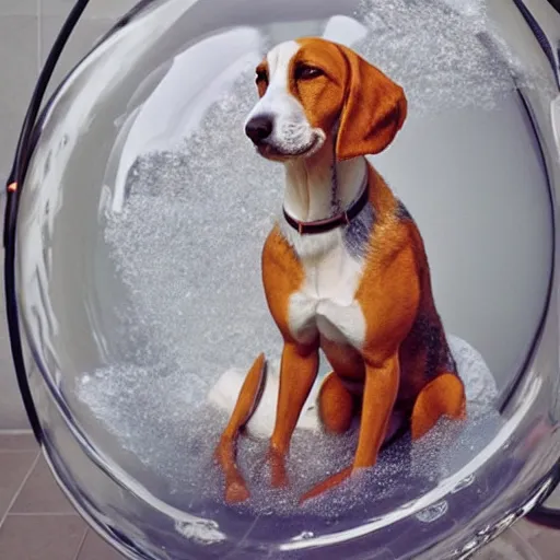 Prompt: a cute realistic foxhound dog wearing clothes whilst in a bubble bath