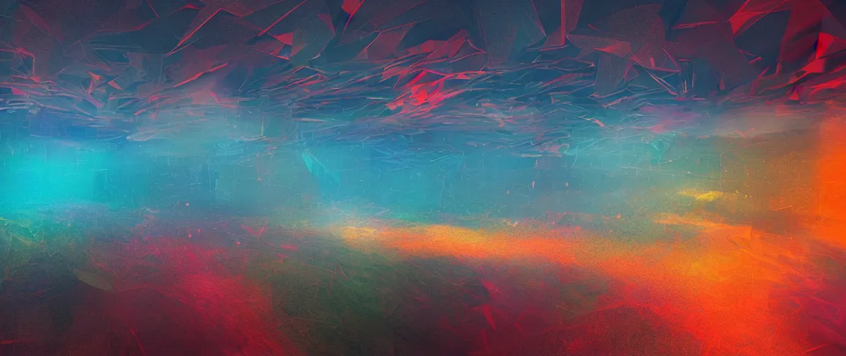 Image similar to dream landscape, simulation, glitch art, volumetric object, physical particles, translucence, cinematic lighting, iridescence, by ash thorpe