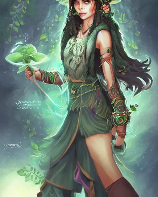 Prompt: ashlynn brooks as a beautiful female druid, by Fernanda Suarez and ross tran