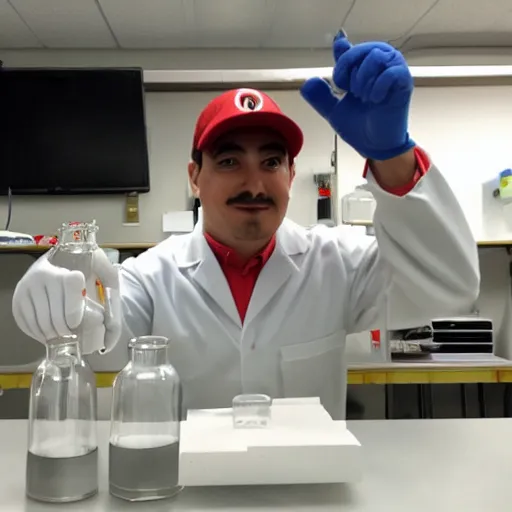 Image similar to Mario in lab doing experiments with his mushroom