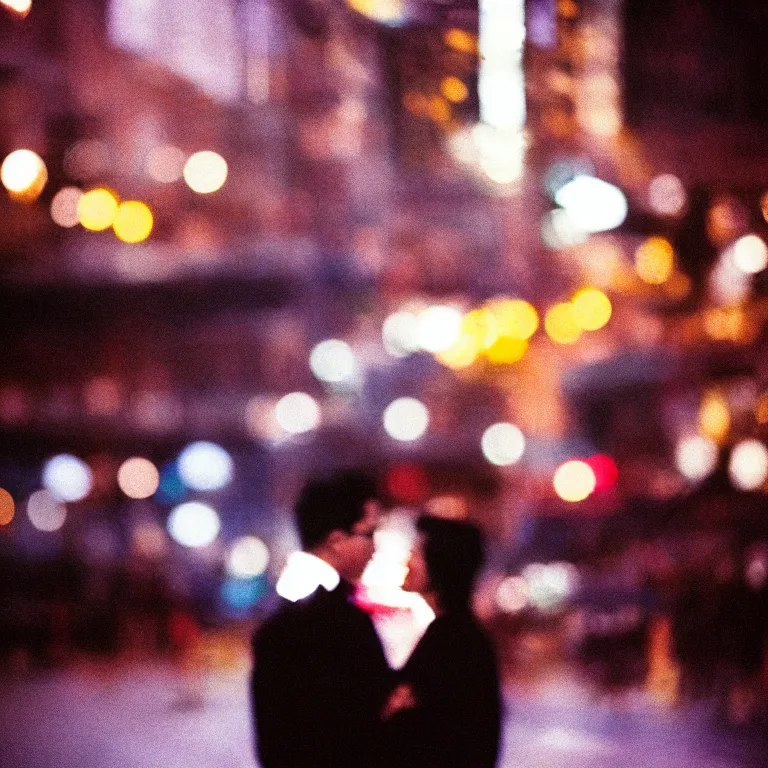 Prompt: analog medium format film bokeh street night flash photography couple portrait in new york, 1 9 6 0 s hasselblad film street photography, featured on unsplash, blurry vintage expired colour film photograph