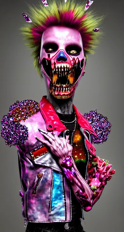 Prompt: action shot of a punk rock zombie with multicolored skin and pink crystal mohawk, red leather jacket, transparent anatomical model, covered in flowers and glitter, digital art, octane render, fantasy, cartoonish, cinematic lighting, photograph by pierre et gilles