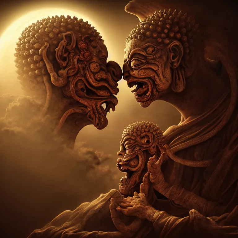 Image similar to portrait of two buddhist demons kissing each other in wastelands on white exoplanet at night, baroque portrait painting, beautiful intricate insanely detailed octane render, artstation, 8 k artistic harsh flash photography, photorealistic, volumetric perfect light, chiaroscuro, raphael, caravaggio, beksinski, rutkowski, giger