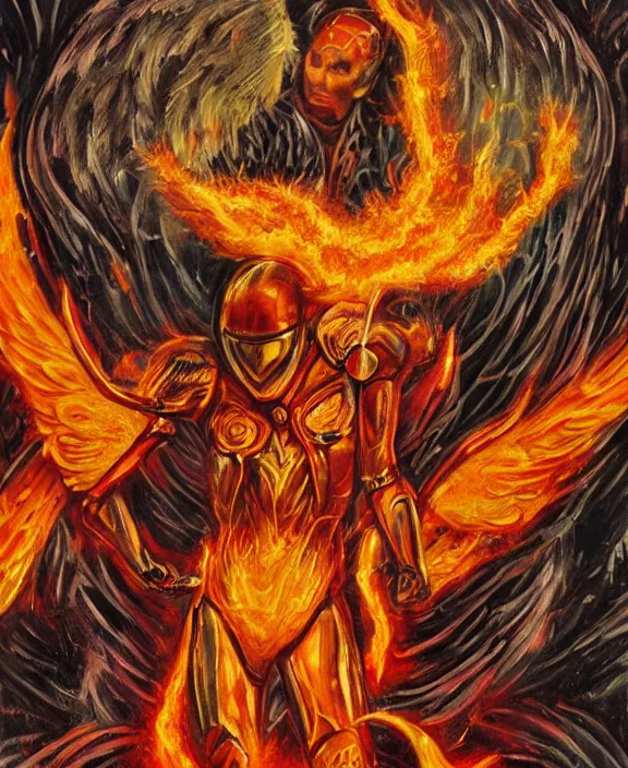 Image similar to a tarot card intricate of a fiery angel in a futuristic battle suit pointing directly at the viewer