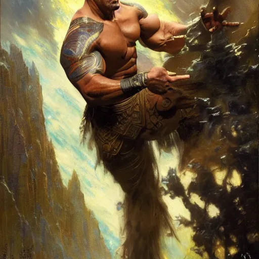 Prompt: dwayne johnson as stunning male master wizard casting thunder spell, highly detailed painting by gaston bussiere, craig mullins, j. c. leyendecker, 8 k