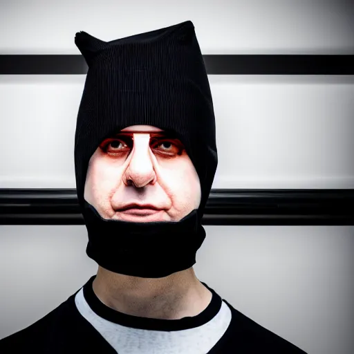 Image similar to kevin mitnick dressed as a robber, modelsociety, radiant skin, huge anime eyes, rtx on, perfect face, directed gaze, intricate, sony a 7 r iv, symmetric balance, polarizing filter, photolab, lightroom, 4 k, dolby vision, photography award