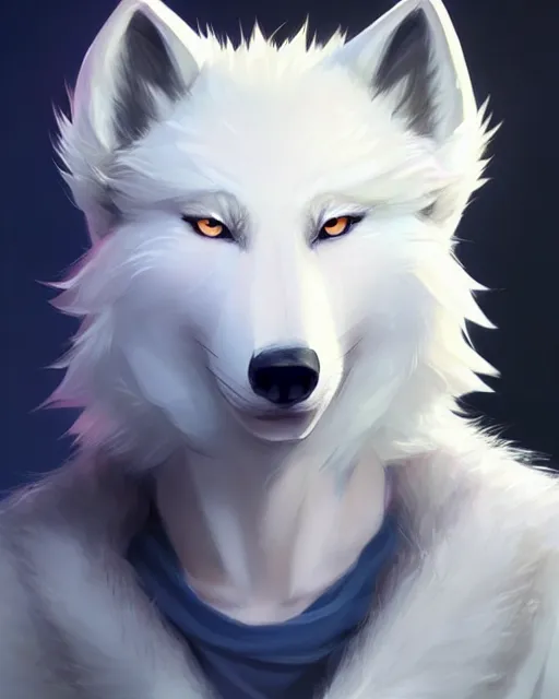 Image similar to character concept art of a cute young male anthropomorphic furry white wolf | | cute - fine - face, pretty face, key visual, realistic shaded perfect face, fine details by stanley artgerm lau, wlop, rossdraws, james jean, andrei riabovitchev, marc simonetti, and sakimichan, trending on artstation