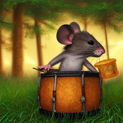 Prompt: mouse with drum, fantasy forrest background, golden hour, digital art, medium shoot