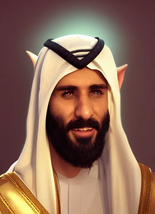 Prompt: portrait of sheikh mohammad ruler of dubai, drak fantasy goblin, trending in artstation, cinematic lighting, studio quality, smooth render, unreal engine 5 rendered, octane rendered, art style by klimt and nixeu and ian sprigger and wlop and krenz cushart.