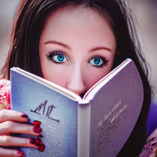 Image similar to a girl reading a book, modelsociety, radiant skin, huge anime eyes, RTX on, perfect face, intricate, Sony a7R IV, symmetric balance, polarizing filter, Photolab, Lightroom, 4K, Dolby Vision, Photography Award