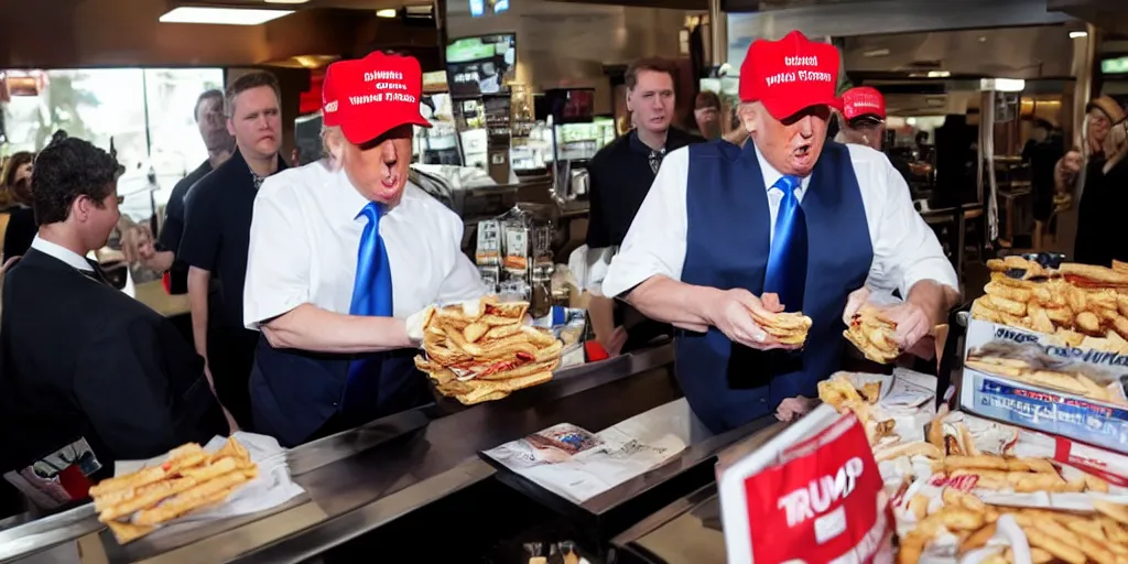 Prompt: trump working the register at a fast food restaurant