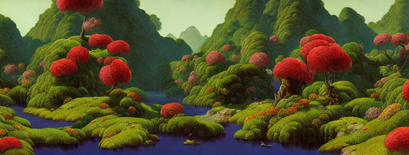 Prompt: a gorgeous very early spring series of lush islands separated by flower - lined streams, twisted gardens, flowers, fronds, painting by barlowe wayne maxfield parrish and marco mazzoni. tree no leaf!!!! china mountain village!! very little light verdancy. ultra clear detailed. 3 d, octane render. turbulent blood lake.