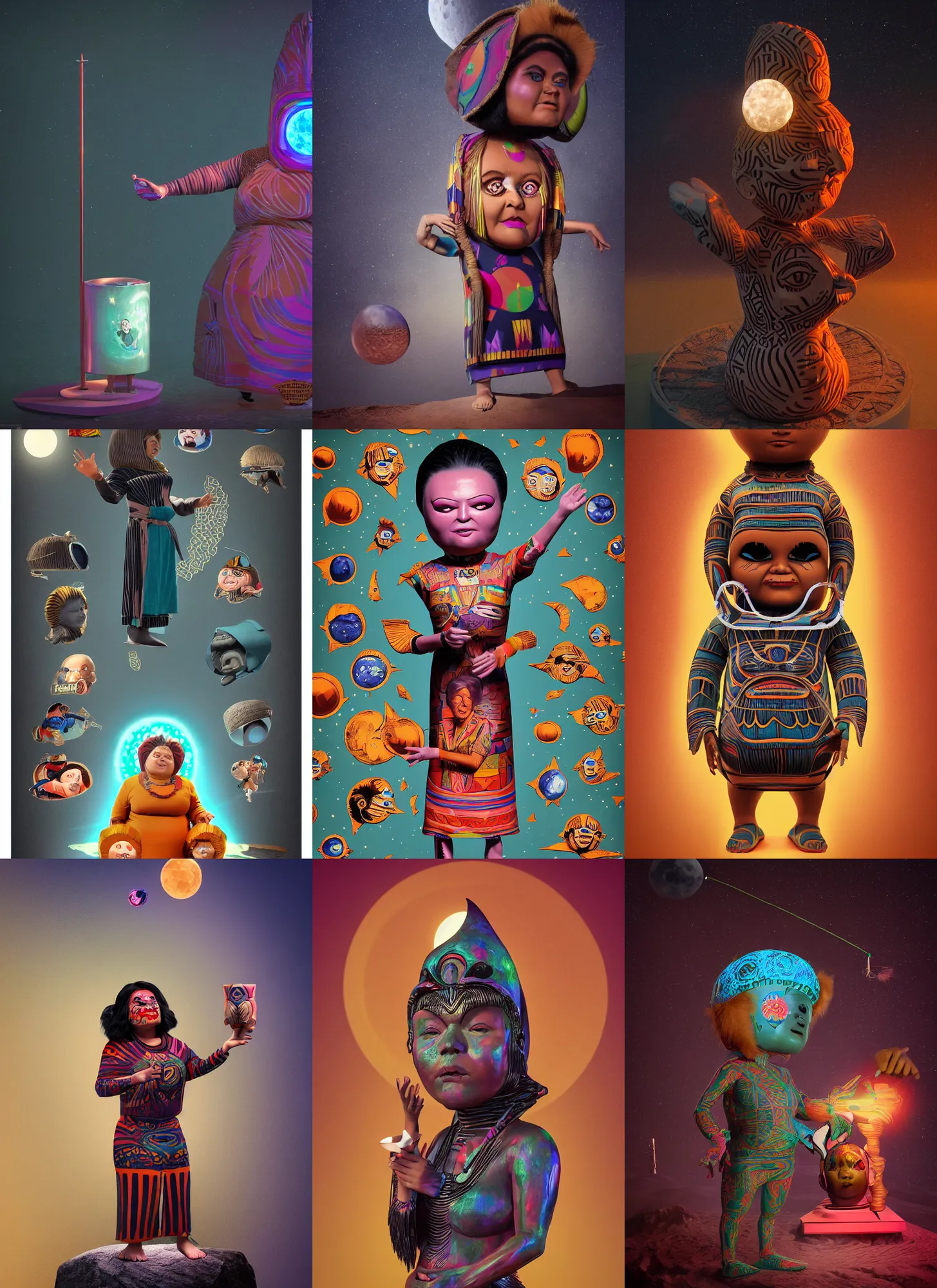 Prompt: a funny diagram poster artwork, garbage pail kids style, of a futuristic woman selk'nam, interacting with the soul of the moon, aboriginal capirote, sculpture, dmt, irisdicense, houdini algorithmic generative render, sharp focus, cinematic lighting, octane render 8 k