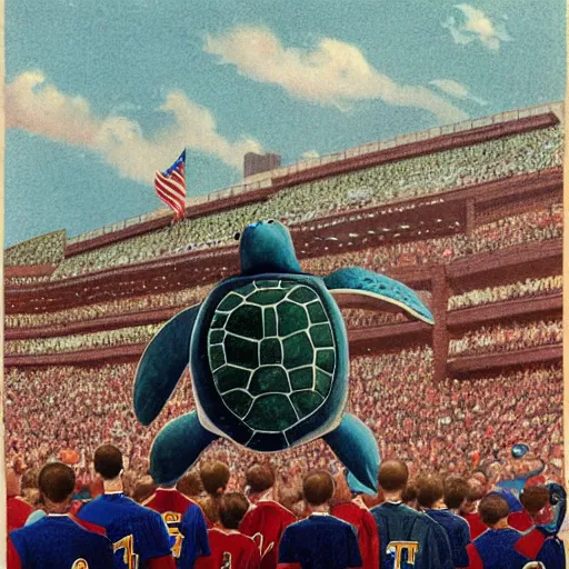 Prompt: turtle singing national anthem at chicago cubs game, by normal rockwell