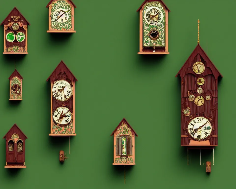 Prompt: an achingly beautiful print of dozens of ornate cuckoo clocks on a dark green wall by Raphael, Hopper, and Rene Magritte. detailed, romantic, enchanting, trending on artstation.