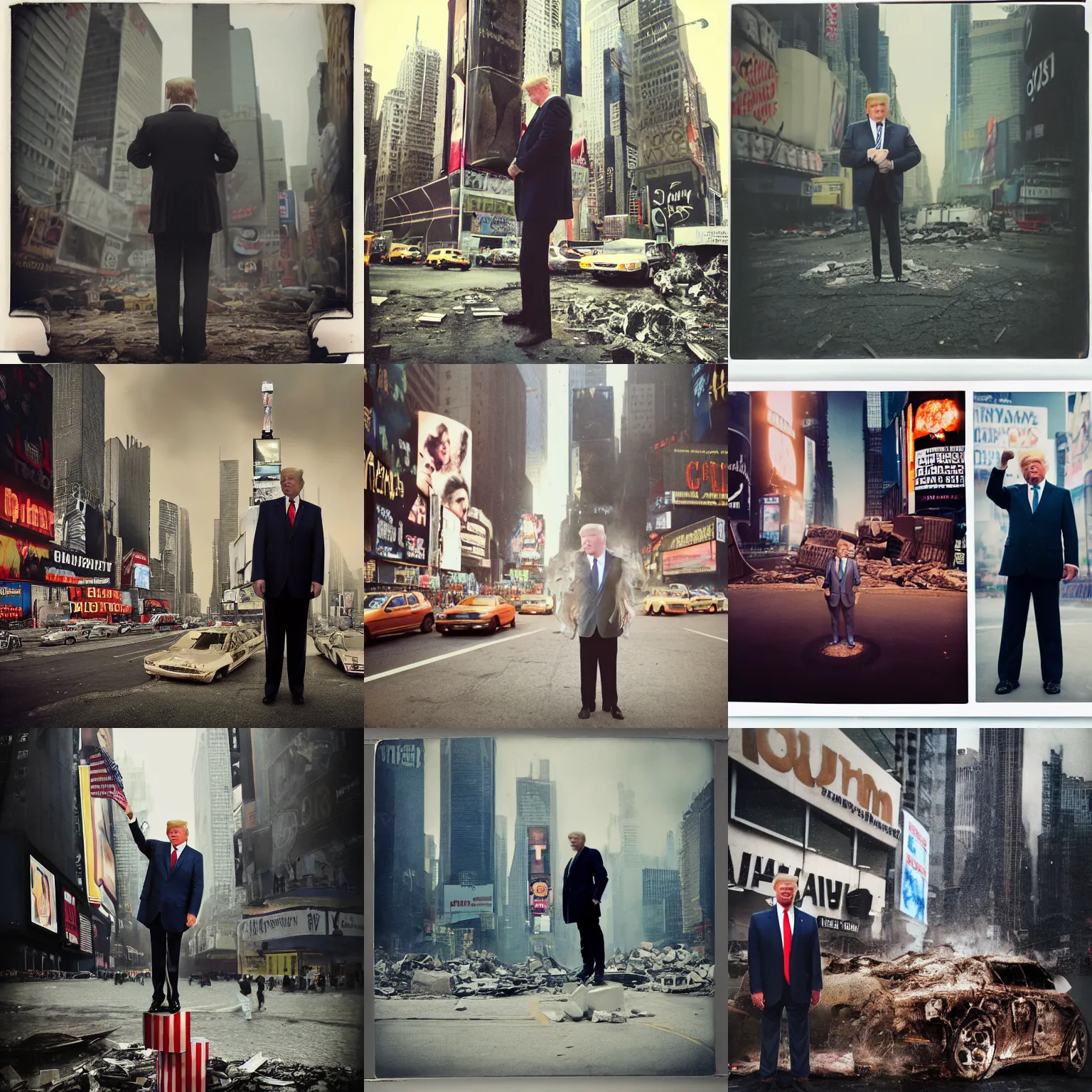 Prompt: close up portrait, donald trump standing on destroyed times square, wrecekd cars, hyper realistic polaroid photo, vintage, neutral dull colors, soft lights, overcast, by oleg oprisco, by thomas peschak, by discovery channel, by victor enrich, by gregory crewdson