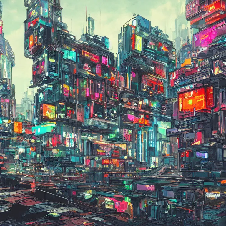 Image similar to Street-art painting or cyberpunk city in style of soviet retro futurism