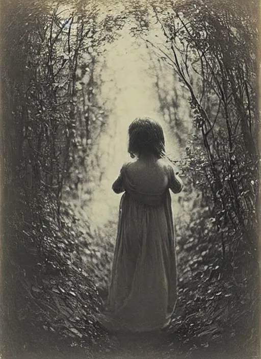 Prompt: i see the back of a little girl in a flowery dress walking away into a forest,, art by julia margaret cameron