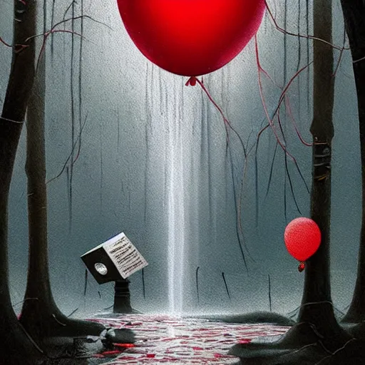 Prompt: grunge painting of a waterfall with a wide smile and a red balloon by simon stålenhag, loony toons style, pennywise style, corpse bride style, creepy lighting, horror theme, detailed, elegant, intricate, conceptual, volumetric light