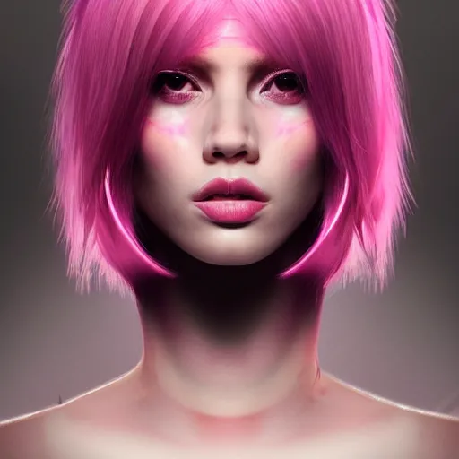 Image similar to Portrait of a woman with bright glowing strands of hair, pink dyed hair and a fringe, posing ready for a fight, artstation, cgsociety, masterpiece