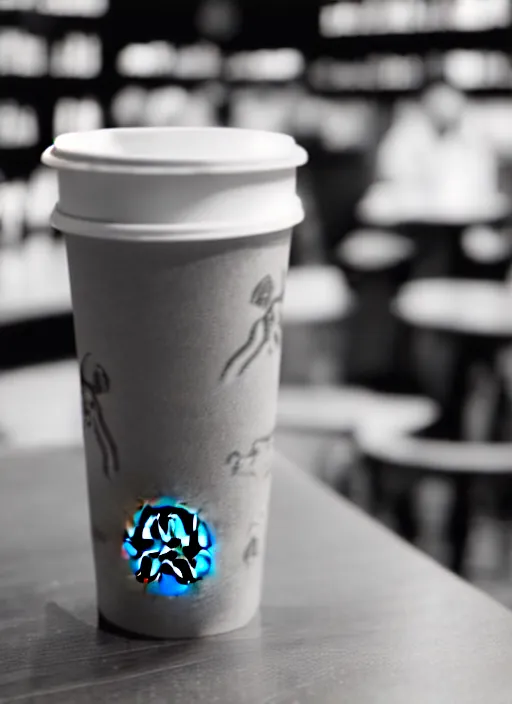 Prompt: penguinz 0 sitting inside a starbucks, taking a picture of his drink cup with his iphone 1 2, black and white photo, real, photorealistic