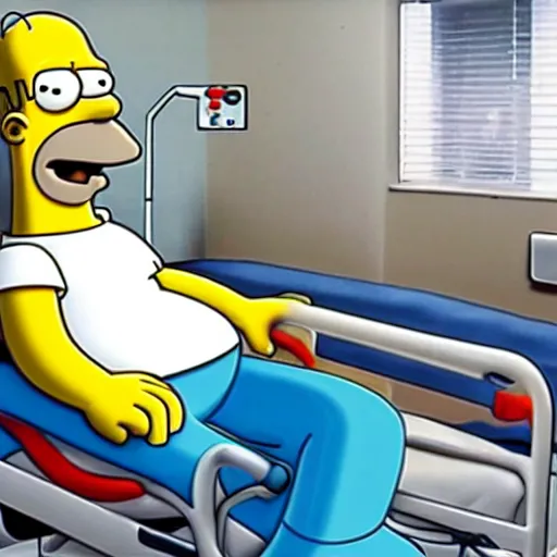 Image similar to homer simpson waving from a hospital bed