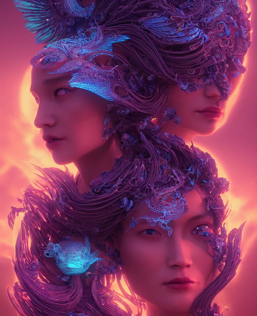 Image similar to goddess close-up portrait. orchid bird phoenix head, nautilus, skull, betta fish, bioluminiscent creatures, intricate artwork by Tooth Wu and wlop and beeple. octane render, trending on artstation, greg rutkowski very coherent symmetrical artwork. cinematic, hyper realism, high detail, octane render, 8k