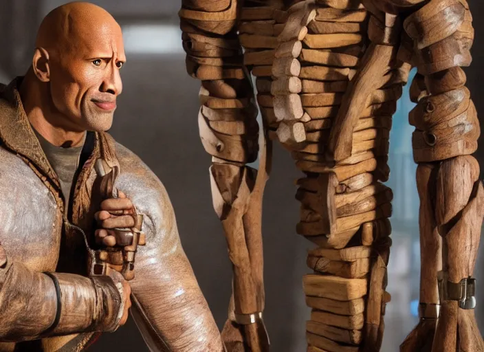 Prompt: film still of dwayne the rock johnson as pinocchio in the new pinocchio movie, 4 k, puppet boy, long nose, wooden, highly detailed face, detailed eyes