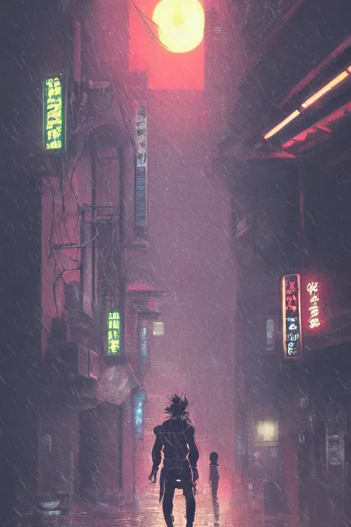 Image similar to a cyberpunk samurai in a raining cobblestone alleyway in tokyo, neon lights, full moon, fog cinematic greg rutkowski