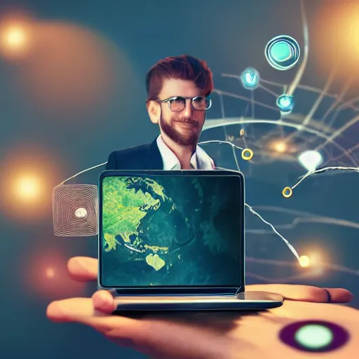 Prompt: photo person using a computer, background | in the background appears a 3d illustration of the world interconnected by the internet