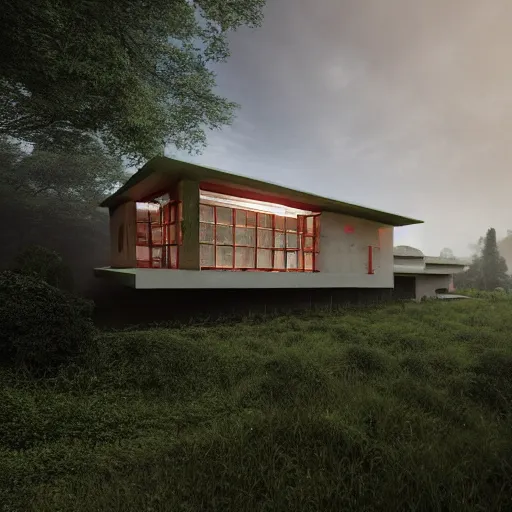 Image similar to rectangular modernist house inspired by a tibetan palace, surrounded by thick collumns, two levels, in a field, big trees, clouds, dramatic lighting, artstation, matte painting, raphael lacoste, simon stalenhag, frank lloyd wright, drone view