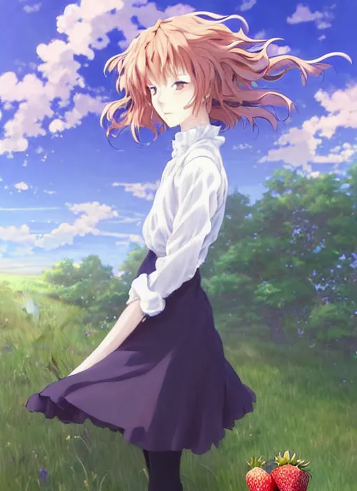 Image similar to Painting of a cottagecore witch with curly strawberry hair in the style of Violet Evergarden, beautiful anime art style, winged eyelashes, countryside, calm, fantasy character portrait, dark outlines, dynamic pose, above view, sunny day, artwork by Makoto Shinkai, very coherent asymmetrical artwork, sharp edges, perfect face, simple form, 100mm