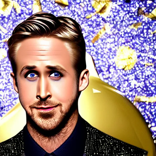 Image similar to Ryan Gosling with silver-violet hair, white eyes, inflated press and golden glittery dress, wide lens, diorama, 4k,