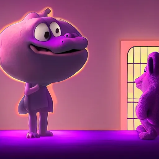 Prompt: still of an episode of barney, in a dim purple lit room, foggy, beautiful, melancholy, trending on artstation