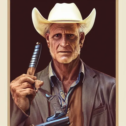 Image similar to portrait painting of woodrow harrelson, with a cowboy hat and bloody golf club, ultra realistic, concept art, intricate details, eerie, highly detailed, photorealistic, octane render, 8 k, unreal engine. art by artgerm and greg rutkowski and alphonse mucha