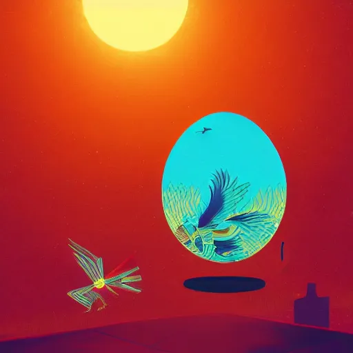 Prompt: optimism, the solarpunk phoenix, red bird, ornate egg, regeneration, landscape, epic composition, volumetric light, bokeh, digital painting by ilya kuvshinov and by gauthier leblanc